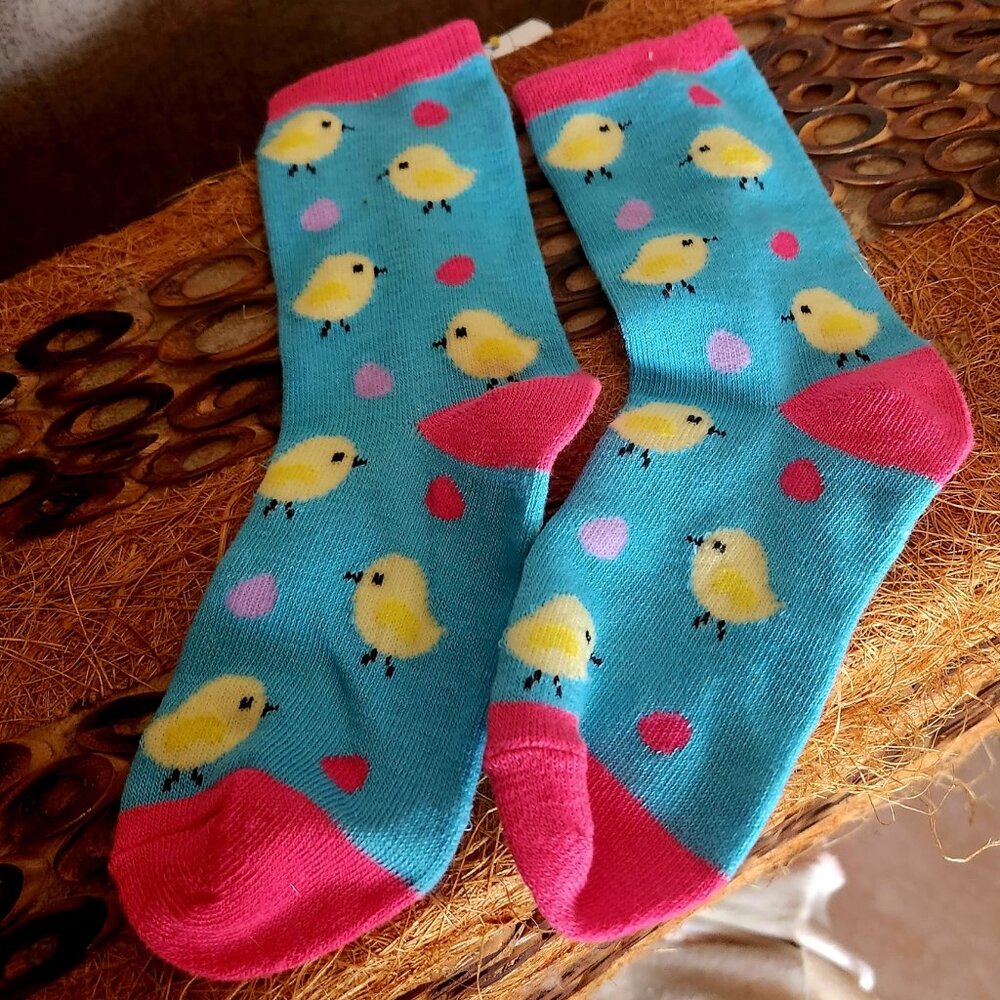 J28  Vivid Cool Chick & Egg socks - Nwot no tags - 10" long x 2.5" at cuff